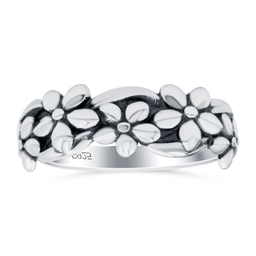 Daisies Oxidized Band Solid 925 Sterling Silver Thumb Ring (7mm)